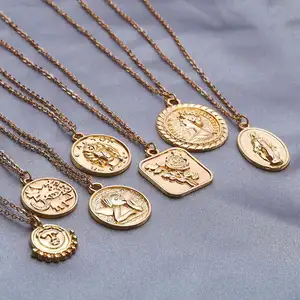 Ruigang 复古雕刻金链硬币吊坠脸玫瑰天使耶稣圣母玛利亚项链为妇女