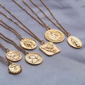 Ruigang Vintage Intagliato Catena D'oro Del Pendente Della Moneta Faccia Rosa Angelo Vergine Maria di Gesù Collana per Le Donne