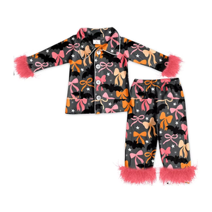 Conjuntos de pijamas de otoño para niñas pequeñas, pantalones con estampado de Halloween y botones, pantalones de manga larga con ribete de piel, ropa de descanso - Product Image 4