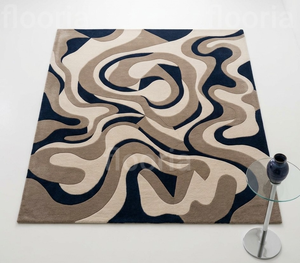 Tapis moderne abstrait rectangulaire en laine et acrylique, tufté, moelleux, antidérapant, pour la décoration du salon, motif bleu beige - Product Image 2