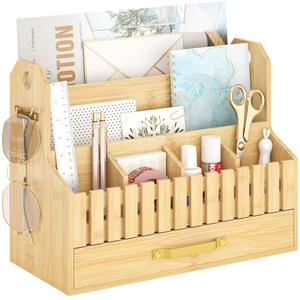 Bamboo Office Organizer Desktop <b>Storage</b> <b>Box</b> With <b>Drawers</b> And Partitions For Electronics And Documents Rectangle Standing Type - Product Image 5