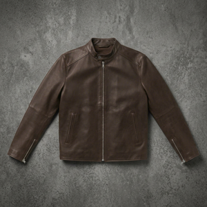 Brown Solid Finished PU Leather <b>Jacket</b> <b>Men</b> Zip up <b>Racer</b> Coat Windproof Waterproof Stand Collar Casual Motorbike Outerwear - Product Image 1