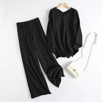 Ensemble pull et pantalon large en maille unie décontracté pour femme – Nouvelle version coréenne tendance automne-hiver – Ensemble deux pièces classique