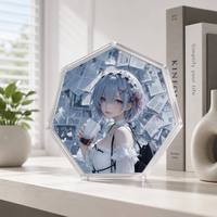 Soporte de exhibición personalizado de acrílico ecológico con diseño de gemas hexagonales de dibujos animados, impresión UV, corte CNC, ensamblaje de figuras de personajes para escritorio y hogar.
