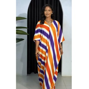 2026 Women's Africa Kafotan Red <strong>Blue</strong> <strong>White</strong> Diagonal <strong>Stripe</strong> Printed <strong>Dress</strong> Loose V-neck Bat Sleeve Short Sleeve <strong>Dress</strong> - Product Image 2