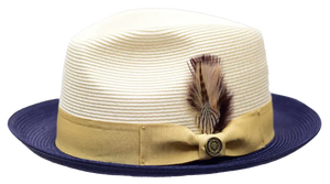 . Chapeau Fedora en paille respirant pour homme - Bicolore marine et bleu clair avec plume - Product Image 3