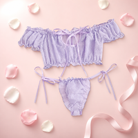 Ensemble de lingerie sexy pour femme, haut court épaules dénudées, string à volants, nœud en ruban de satin, pour soirée