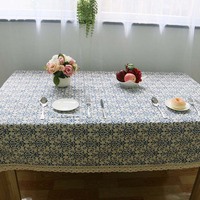 Nappe de table à motif de fleurs céladon bleu couture glands blancs nappe de table à manger