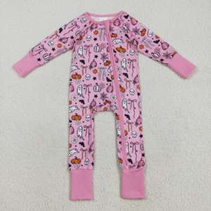 รอมเปอร์ผ้าฝ้ายสแปนเด็กซ์แขนยาวพิมพ์ลายฟักทองแทรคเตอร์สีชมพูสำหรับเด็กผู้หญิงทารกขายส่ง - Product Image 6