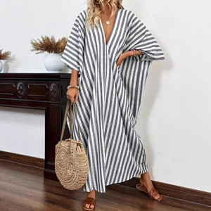 Vestido Camisero Maxi Holgado a Rayas con Cuello en V y Manga 3/4 para Mujer, Talla Grande - Product Image 3