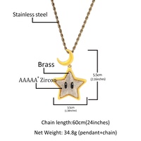 Collier Pendentif Étoile et Lune Croissante en Émail Jaune avec Zircons Pavés, Breloque Dessin Animé, Tons Or et Argent