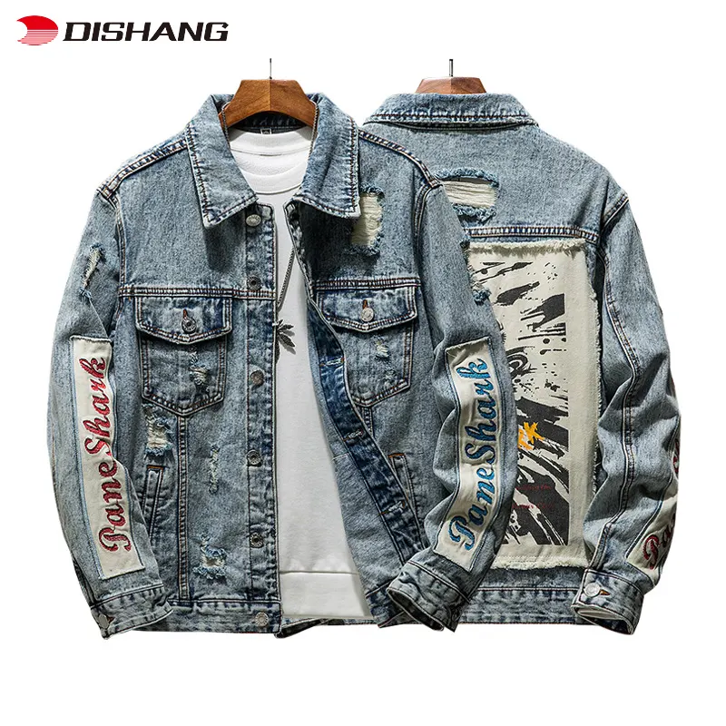 2024 personnalisé haute qualité mode printemps décontracté vintage déchiré bleu hommes vestes denim hommes jean veste