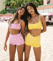 Ensemble de bikini deux pièces style sportif, maillots de bain personnalisés pour femmes, shorts taille haute, vêtements de plage rétro à fleurs