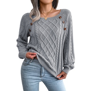 Suéter casual de punto trenzado con cuello cuadrado y botones para <span class=keywords><strong>mujer</strong></span>, para otoño e invierno - Product Image 4