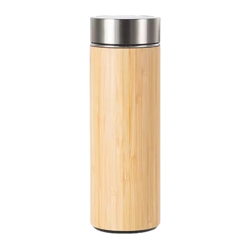Tasse thermos droite de 500 ml avec couvercle en bambou bouteille d'eau sous vide en acier inoxydable à double paroi pour cadeau d'affaires
