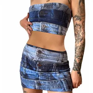 Fashion streetwear 2024 summer women set Tube crop top match set 3D digital printing two piece skirts set