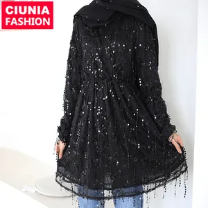 2243 # moda popolare elegante camicetta musulmana con paillettes brillanti camicetta a maniche lunghe da donna modesta