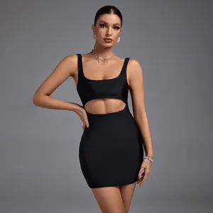 Latest Products Simple Black Sexy Hollow Out Dress Sleeveless Bodycon Mini Summer Women Casual Dresses