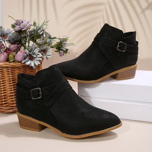 <span class=keywords><strong>Bottes</strong></span> à bout pointu de grande taille, nouvelles <span class=keywords><strong>bottes</strong></span> courtes à talon moyen avec fermeture éclair latérale et sangle croisée pour femmes 43 - Product Image 2