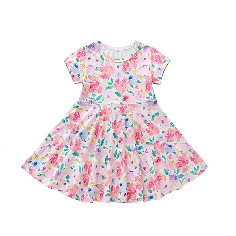 Vestido de verano de princesa para niñas, ropa con estampado floral, a la moda, color rosa