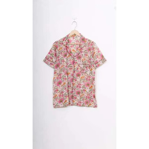 Conjunto de Pijama Corto Informal de Algodón Puro Satinado con Estampado Floral Hecho a Mano, Ropa de Dormir para Mujer, Cintura Elástica, Cuello Camisero, para Otoño - Product Image 2