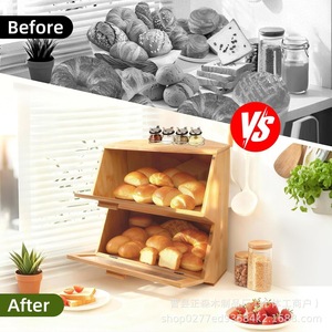 Bamboo Bread Box Double Layer <b>Acrylic</b> Window Kitchen <b>Storage</b> For Bread Pastry Cake - Product Image 4