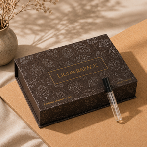 Boîte d'échantillons <span class=keywords><strong>de</strong></span> parfum <span class=keywords><strong>de</strong></span> luxe personnalisable Lionwrapack, emballage rigide en papier magnétique avec tissu en <span class=keywords><strong>lin</strong></span> et design en feuille d'argent - Product Image 1