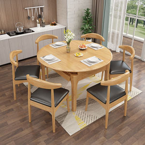 Solid Wood <b>Dining</b> <b>Table</b> And Chair <b>Set</b> 6 Piece Extendable <b>For</b> Small Apartments Living Room - Product Image 3