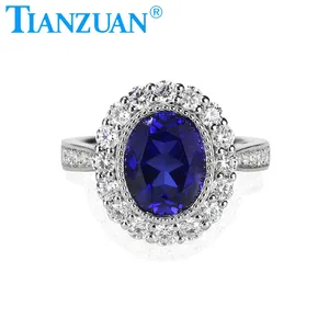 8x10mm oval sapphire stone with small white Moissanite Ring Silver 925 Diamonds Wedding Engagement Ring Women
