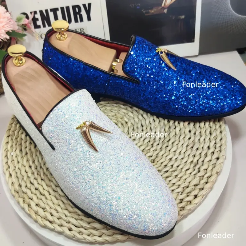 Leisure Casual Tassels Loafers Glitters Shining Slip On Fashion Designers Point Toe Men's Casual Dress Shoes
