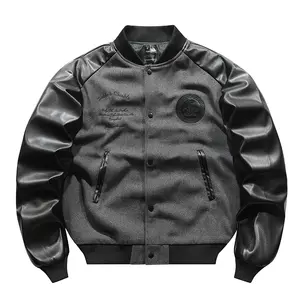 Grosir jaket Universitas pria kancing depan huruf cetak Streetwear jaket Bomber bisbol