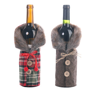 Christmas Plaid Faux Fur Wine Bottle Cover Button Design Wine Bottle Sleeve Xmas Dinner <b>Table</b> Party Decorative Wine Bottle - Product Image 5