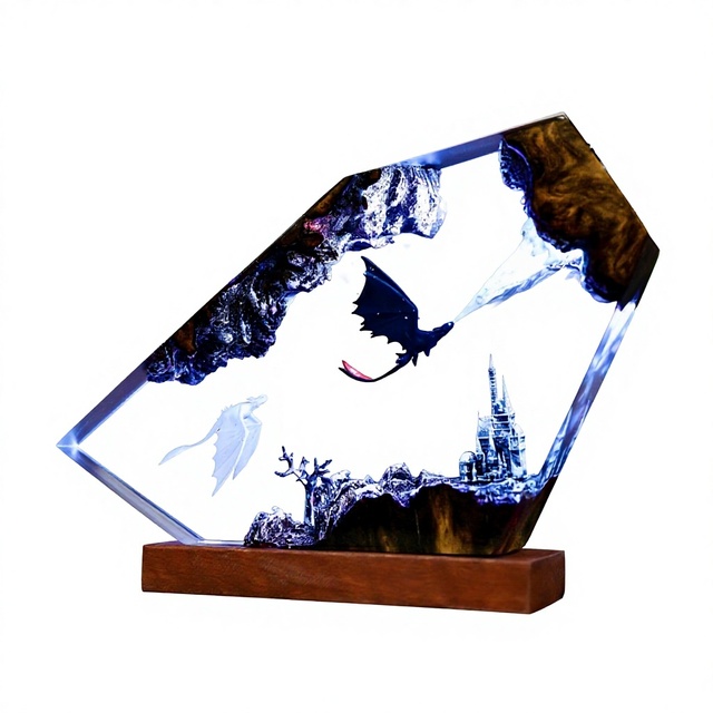 Handmade Night Fury Resin Lamp Anime Dragon Toothless Epoxy Resin Wood Night Light Desktop Art Ornament