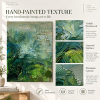 Peinture abstraite en gros, vert turquoise, feuillage agité, texture ciel gris, impasto, peinture à la main sur toile, art mural