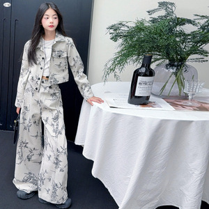 Ensemble deux pièces pour <span class=keywords><strong>fille</strong></span> printemps 2026 : <span class=keywords><strong>veste</strong></span> en jean à imprimé floral + jean – Tenue 2 pièces - Product Image 1