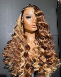 Honey <strong>Blonde</strong> Brown Colored Loose Wavy Wig 1B 27 Ombre for Women <strong>Highlight</strong> Wig Human Hair Body Wave Lace Frontal Wigs