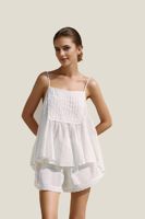 Ensemble de pyjama confortable 100% coton pour femmes été sans manches bretelles à nouer haut et short à volants Style tissé décontracté