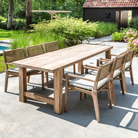 Tables et chaises en teck pour patio, jardin, extérieur, hôtels, resorts, restaurants, chaise de salle à manger en corde tressée, table longue imperméable pour patio