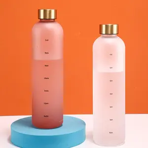 Bouteilles d'eau en plastique pour sport de couleur dégradée écologique givrées personnalisées de 1000ml avec marqueurs de temps