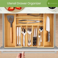 Organisateur de tiroir extensible en bambou pour couverts avec 7 à 9 séparateurs ajustables – Plateau moderne pour ustensiles de cuisine