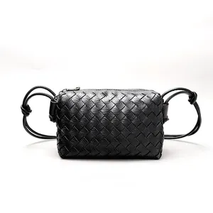 Bolsos cruzados de cuero tejido, pequeño bolso hecho a mano, bolso de hombro suave, bolso de mano para mujer