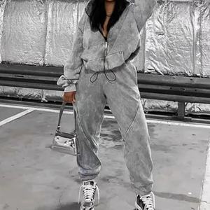 Ensembles de vêtements pour femmes personnalisés avec logo OEM, ensembles de sweats à capuche zippés 100 % coton délavés à l'acide, survêtements de jogging pour femmes OOTD - Product Image 1