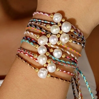 Pulsera Ajustable de Perlas de Agua Dulce Tejida a Mano con Hilo Dorado Multicolor, Joyería de Regalo para Mujer