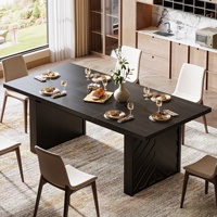 Table à manger noire de 70,87 pouces pour 6 à 8 personnes, table de salle à manger rectangulaire moderne avec double piédestal robuste, grand bureau à manger long