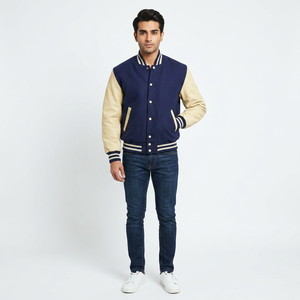 OEM Custom <b>Men's</b> <b>Long</b> Sleeve Varsity <b>Jacket</b> with Chenille Embroidery Stand Collar Front Logo Breathable Winter Streetwear - Product Image 1