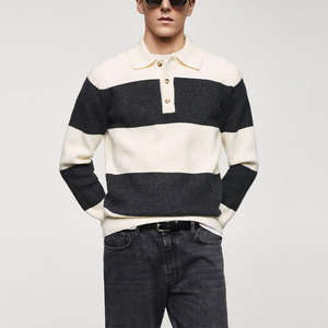 Pull en maille à col polo pour homme, à rayures fines, à boutons, demi-grille, automne et hiver - Product Image 3