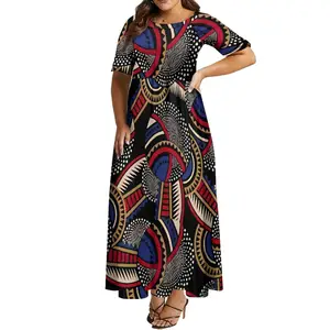 नई आगमन अफ्रीकी जनजातीय पुष्प तत्वों प्रिंट लंबी आरामदायक कपड़े कस्टम एफ्रो Batik आधा आस्तीन प्लस आकार मैक्सी देवियों ड्रेस