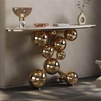 Meuble de design moderne pour la maison, table console avec cadre doré et plateau en marbre, table de forme elliptique, table décorative pour salon