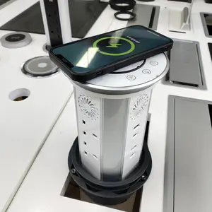 New 6AC UK power outlet 4 USB port WIFI smart Motorized IP65 Kitchen lifting pop up wireless charging tower socket with speaker