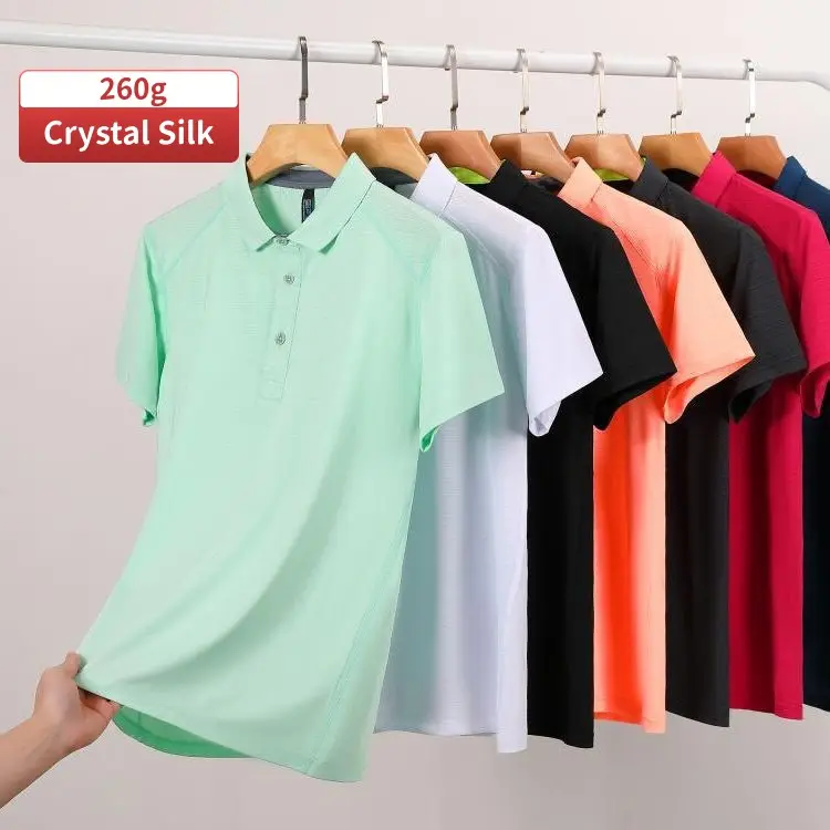 Kaos polo golf tenis lengan pendek, kaus polo golf sutra kristal cepat kering dengan logo kustom kasual 260g